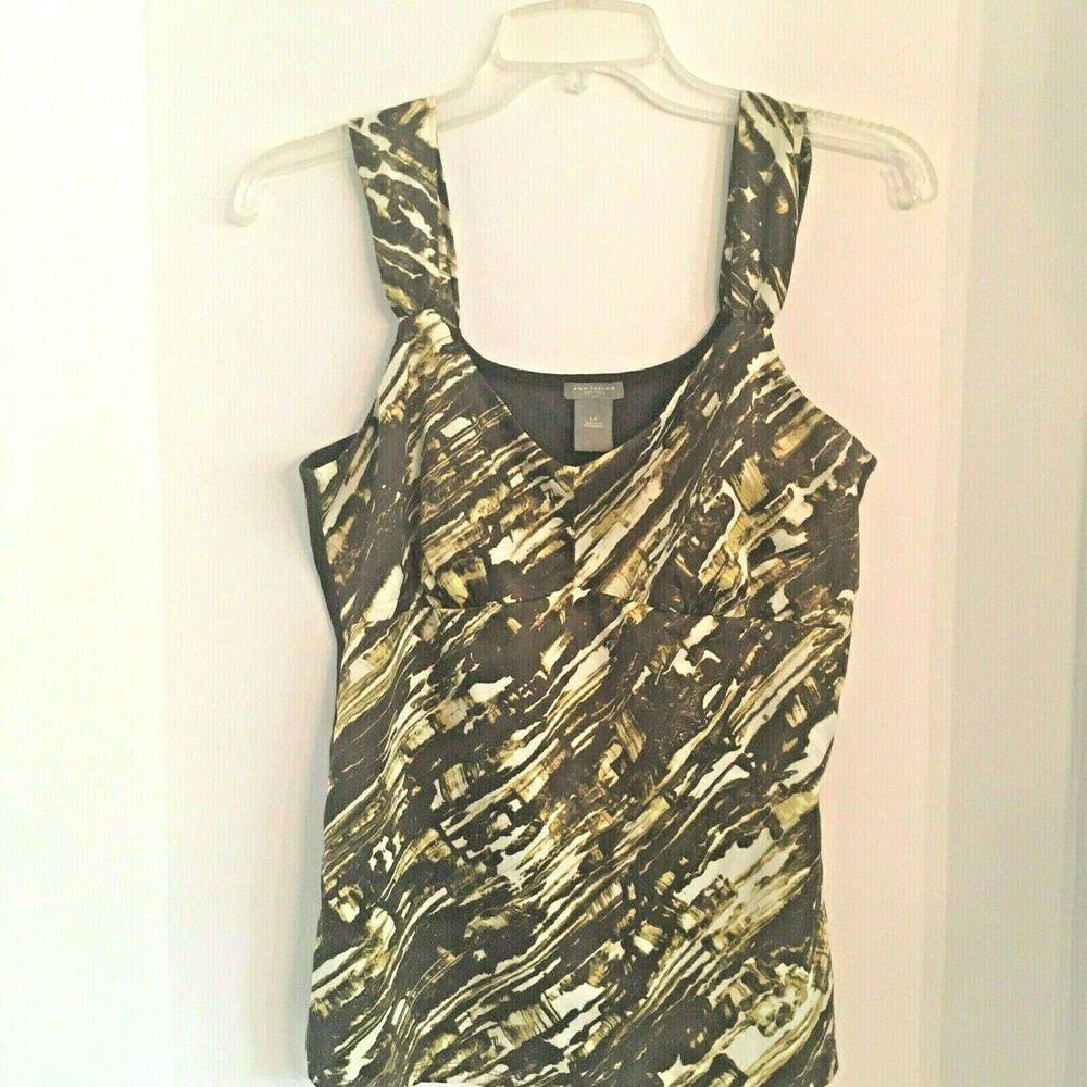 Ann Taylor silky camisole ladies tank top size L petite brown cream & gold chic